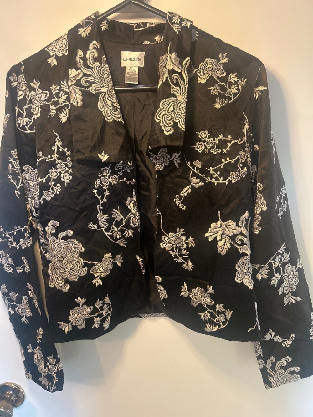 Chico's Black Embroidered Silk Open Jacket size 0